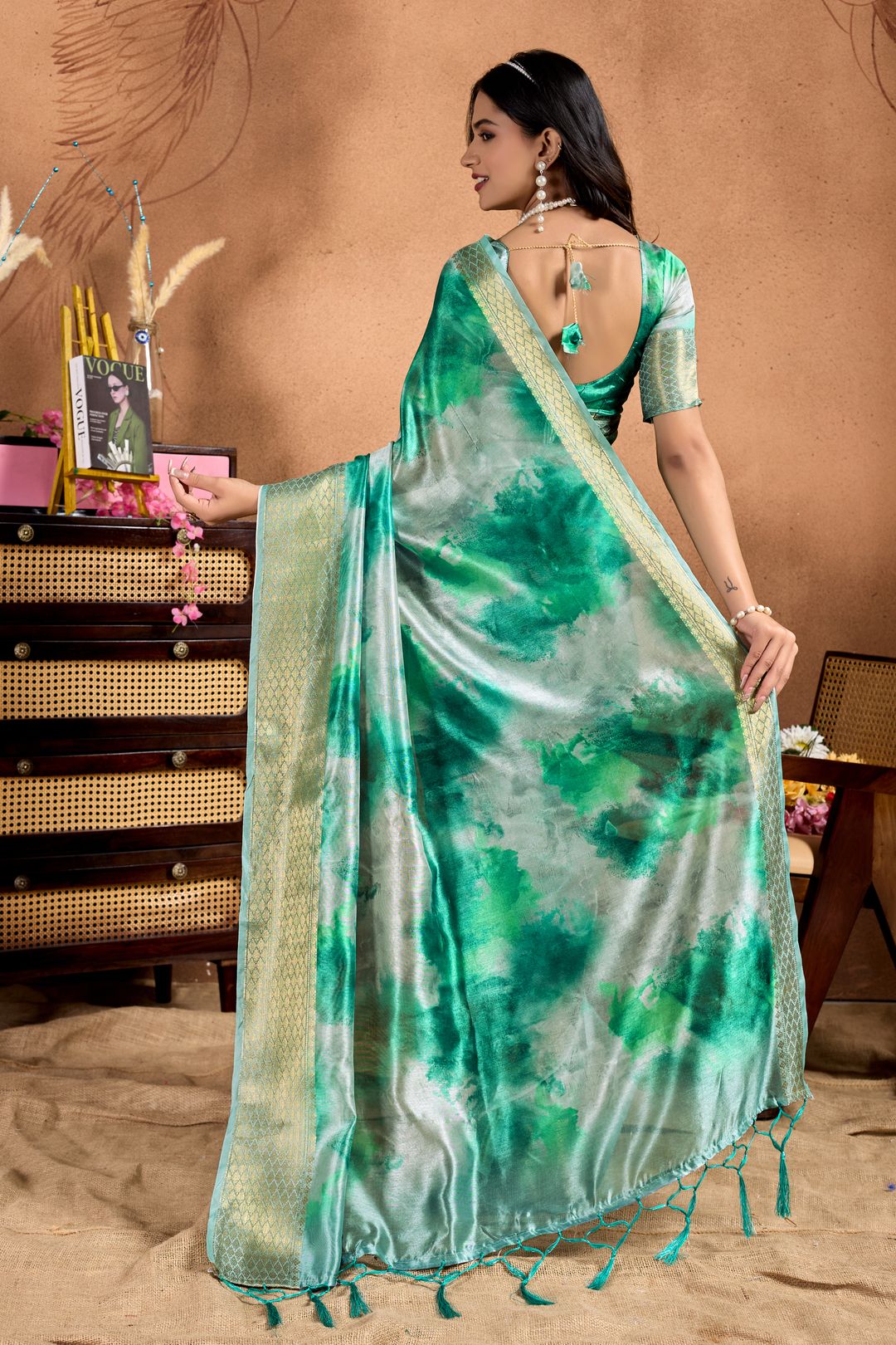 Emerald Aqua Watercolor Soft Silk Saree with Gold Border