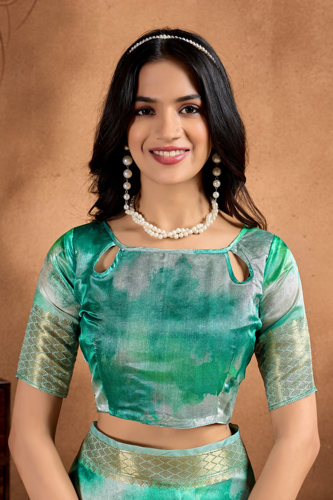 Emerald Aqua Watercolor Soft Silk Saree with Gold Border