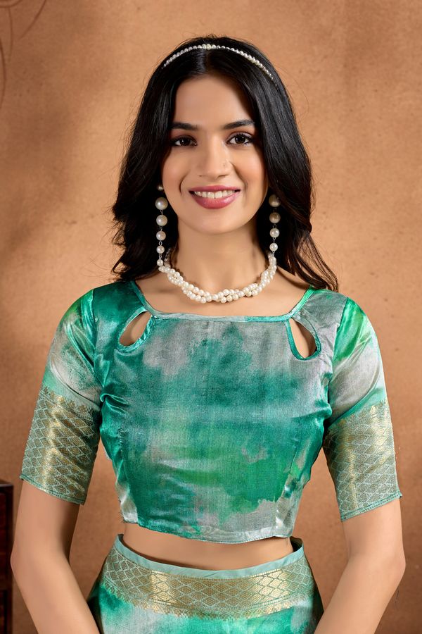 Emerald Aqua Watercolor Soft Silk Saree with Gold Border