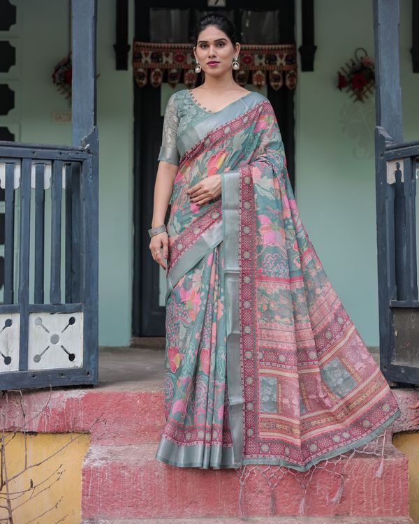 Teal Floral Linen Cotton Saree with Printed Pallu | Varnavi