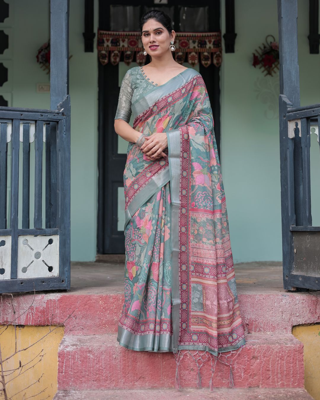 Teal Floral Linen Cotton Saree with Printed Pallu | Varnavi
