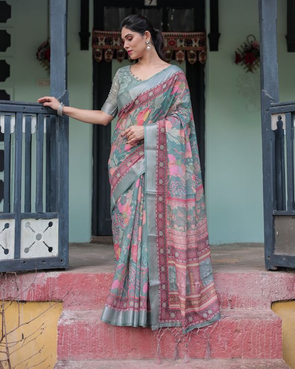 Teal Floral Linen Cotton Saree with Printed Pallu | Varnavi