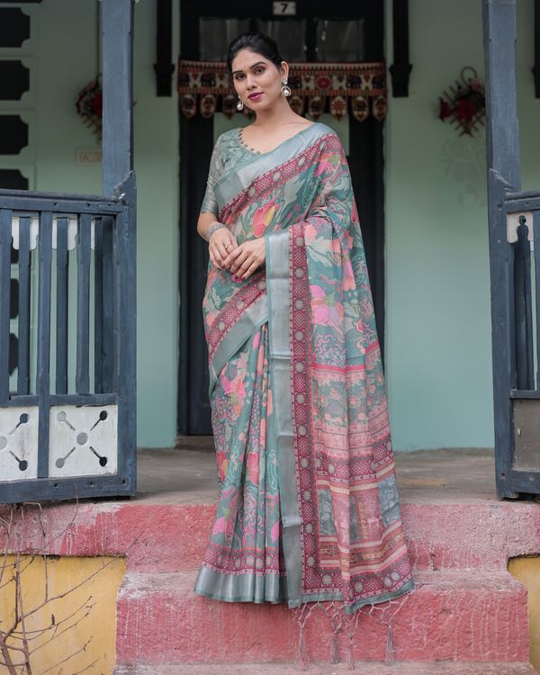 Teal Floral Linen Cotton Saree with Printed Pallu | Varnavi