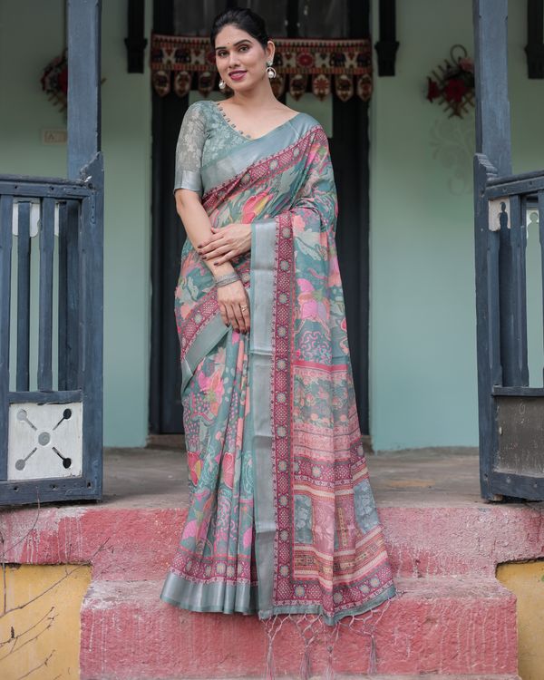 Teal Floral Linen Cotton Saree with Printed Pallu | Varnavi