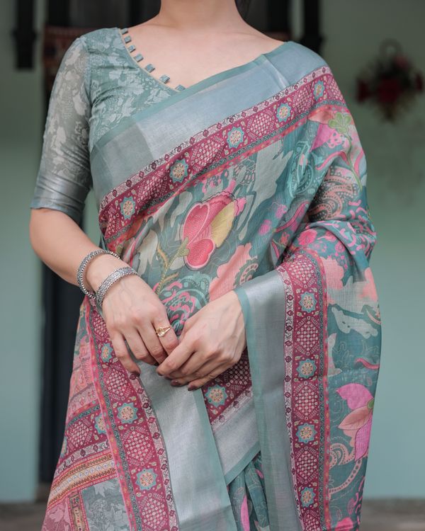Teal Floral Linen Cotton Saree with Printed Pallu | Varnavi