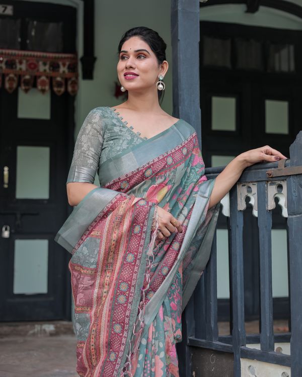 Teal Floral Linen Cotton Saree with Printed Pallu | Varnavi