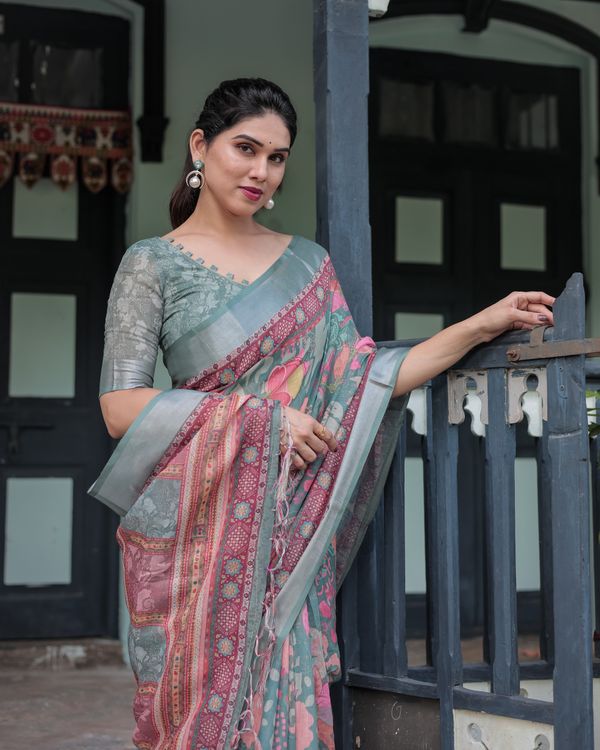 Teal Floral Linen Cotton Saree with Printed Pallu | Varnavi