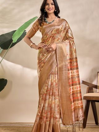 Beige Tribal Elephant Soft Silk Saree with Zari Border