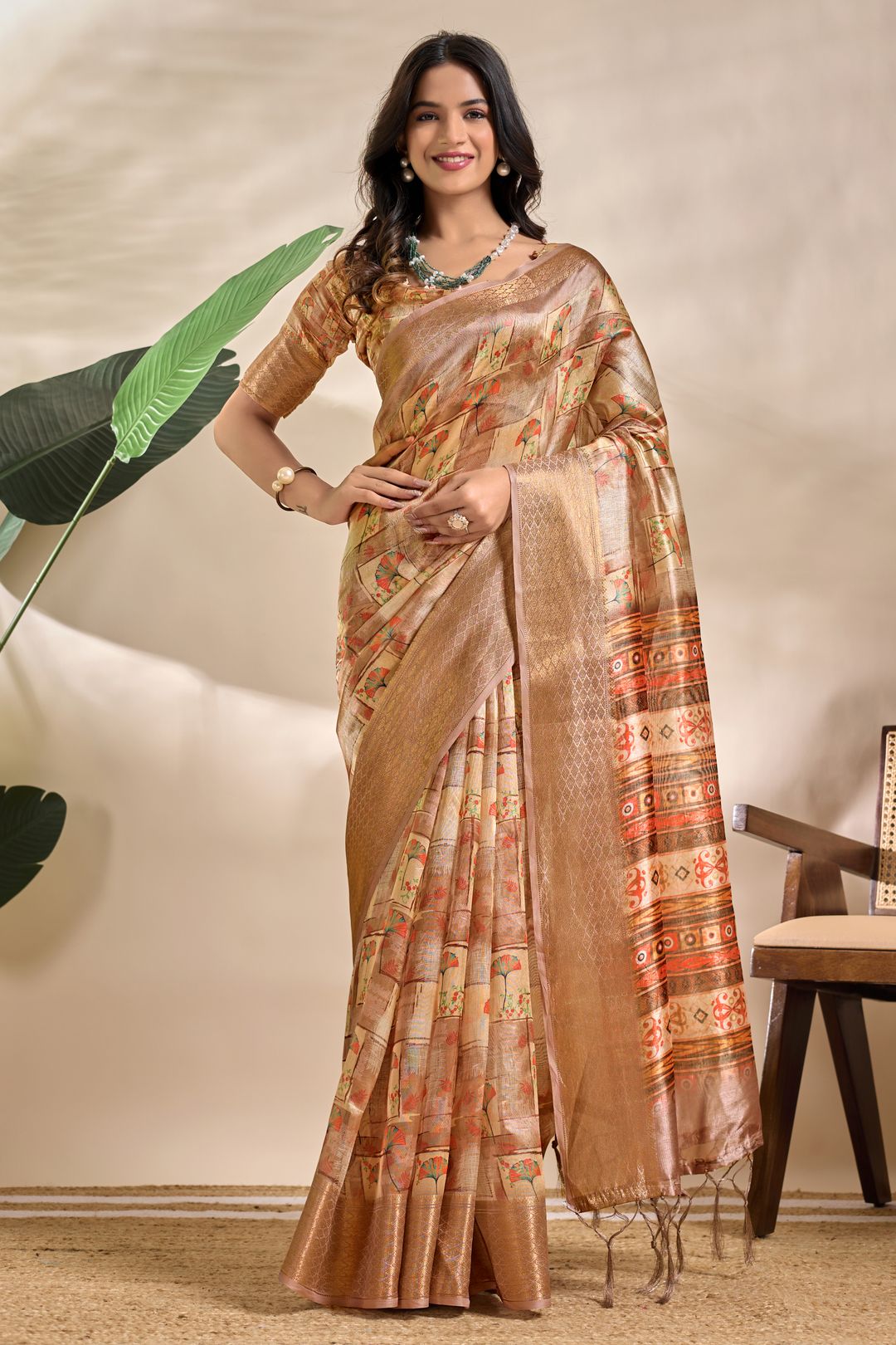 Beige Tribal Elephant Soft Silk Saree with Zari Border