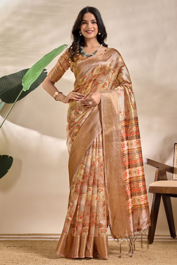 Beige Tribal Elephant Soft Silk Saree with Zari Border