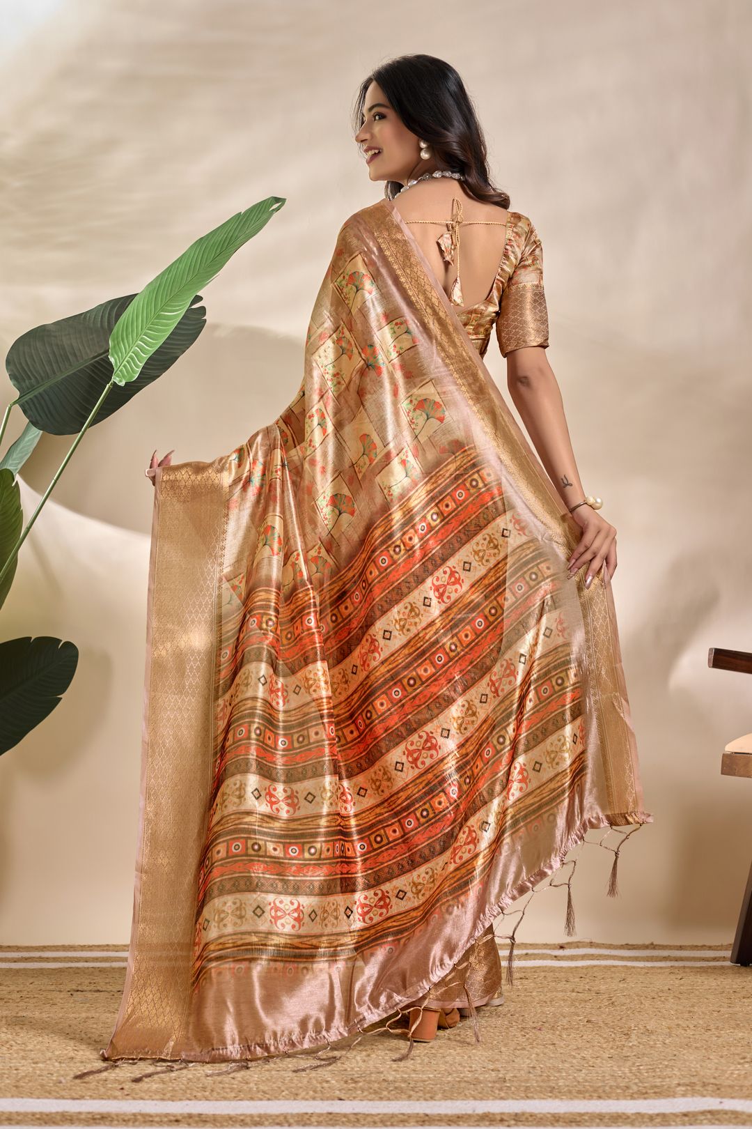 Beige Tribal Elephant Soft Silk Saree with Zari Border