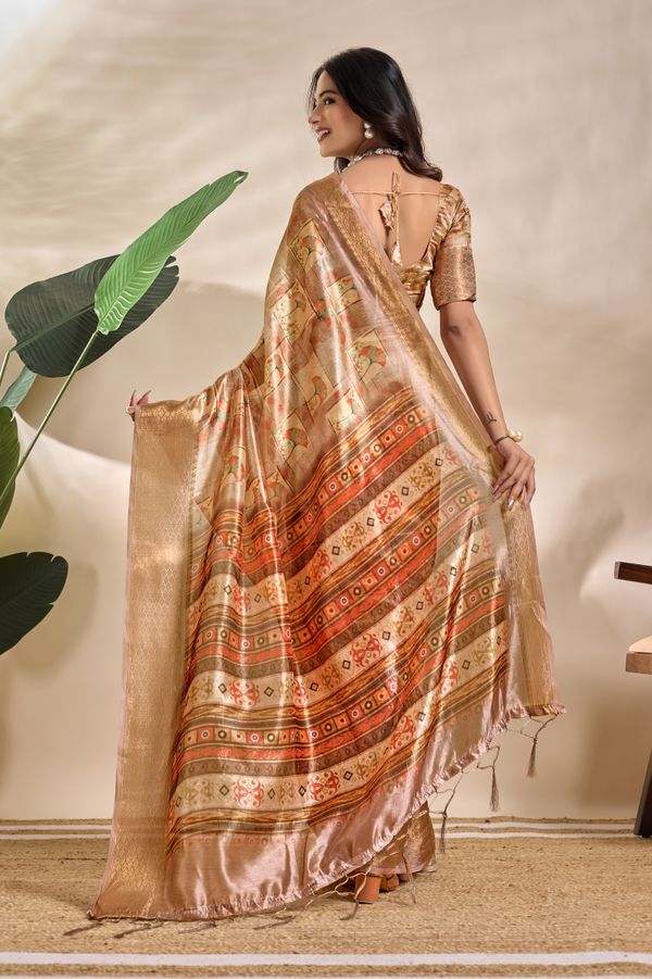 Beige Tribal Elephant Soft Silk Saree with Zari Border