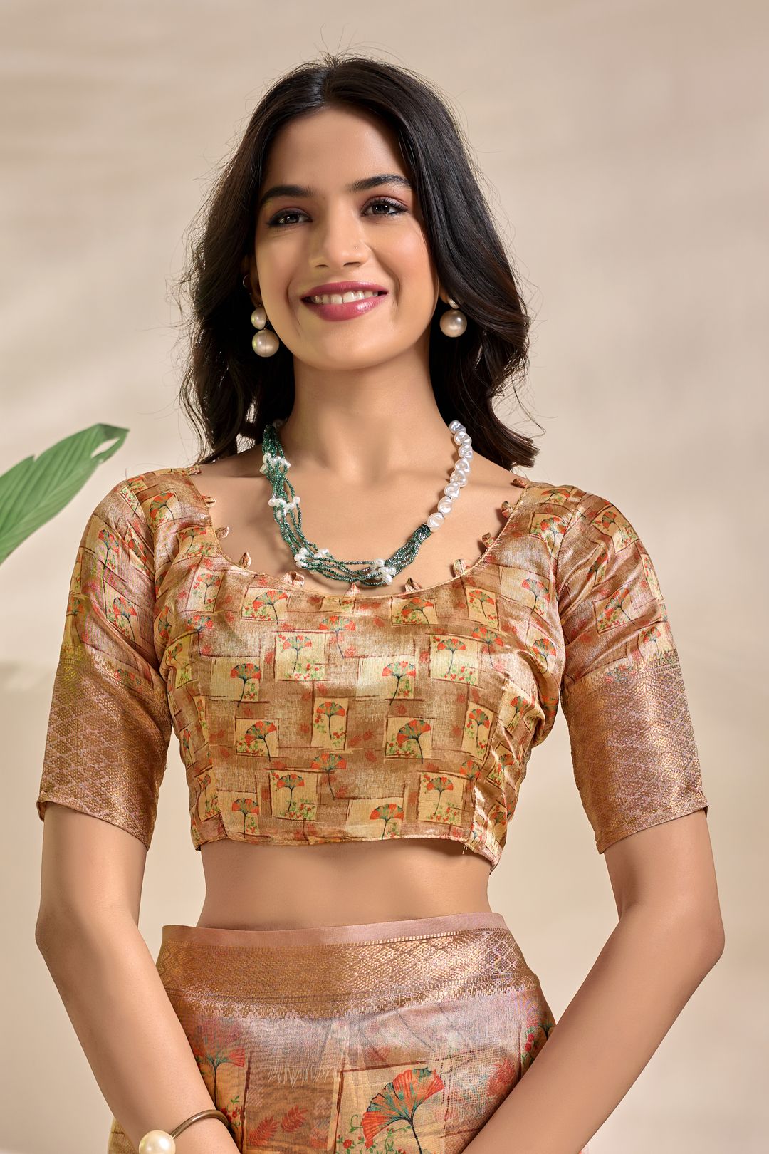 Beige Tribal Elephant Soft Silk Saree with Zari Border