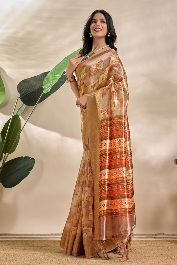 Beige Tribal Elephant Soft Silk Saree with Zari Border