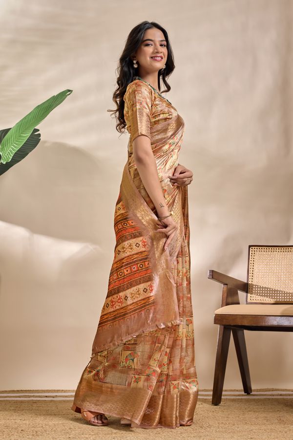 Beige Tribal Elephant Soft Silk Saree with Zari Border