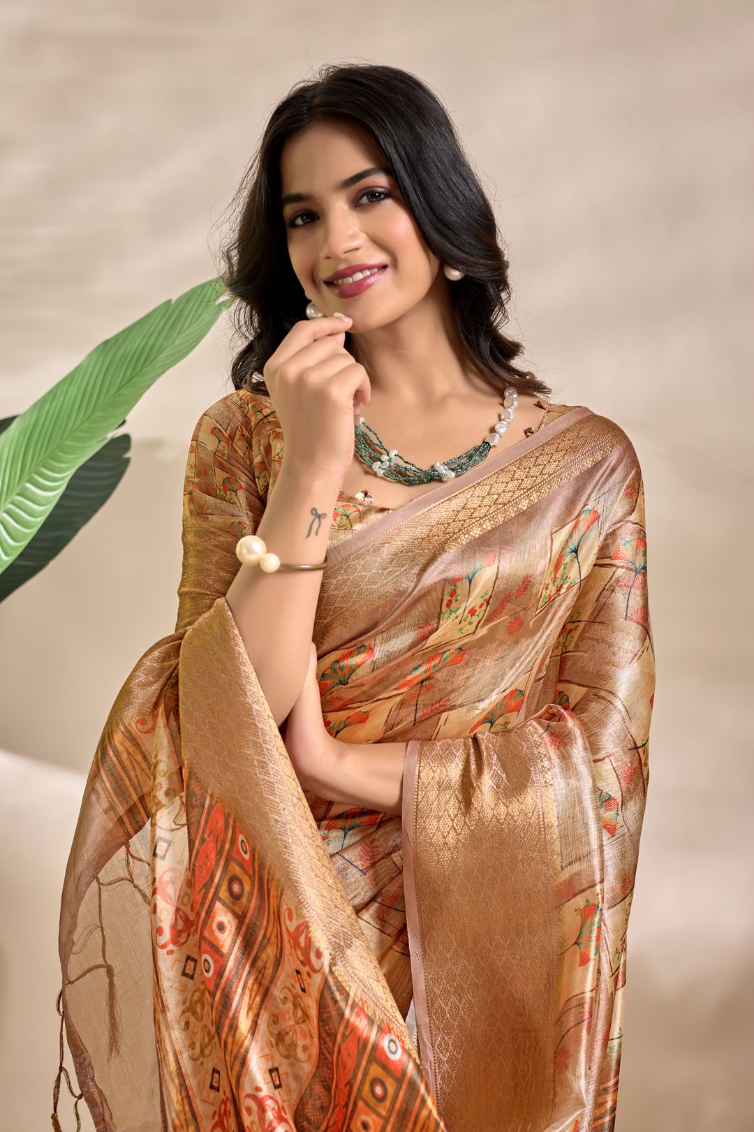 Beige Tribal Elephant Soft Silk Saree with Zari Border