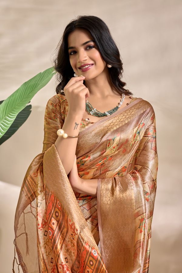 Beige Tribal Elephant Soft Silk Saree with Zari Border
