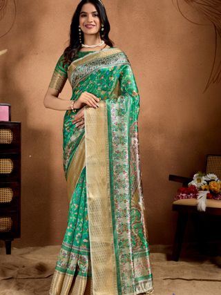 Emerald Green Paisley Floral Soft Silk Saree with Zari