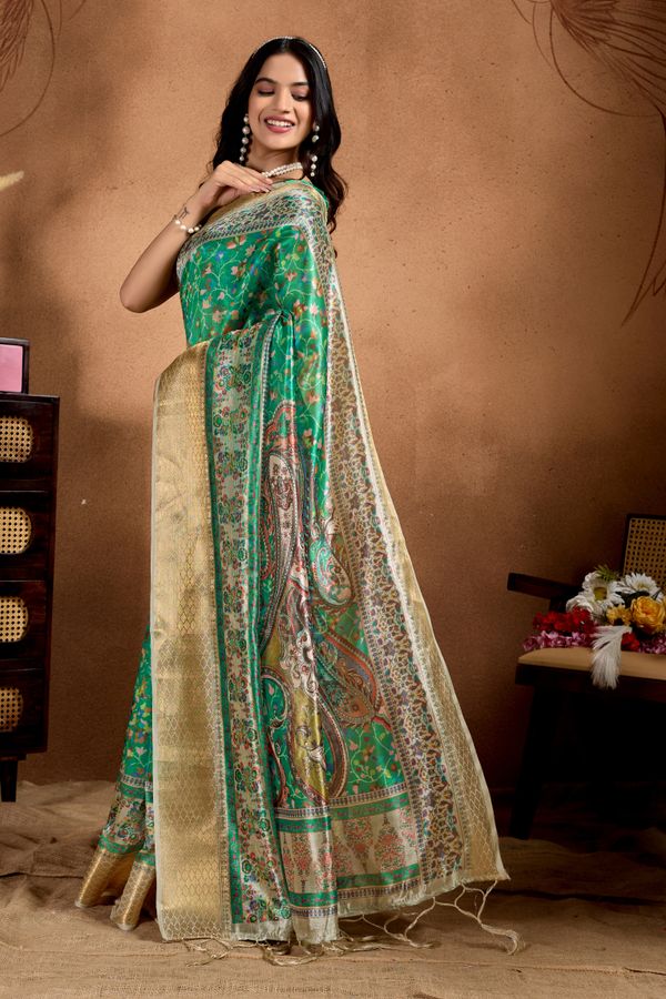 Emerald Green Paisley Floral Soft Silk Saree with Zari