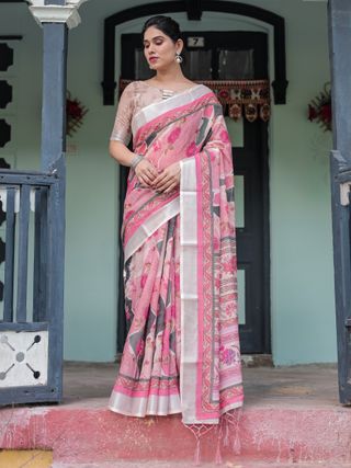 Pink Floral Linen Cotton Saree with Printed Pallu Varnavi