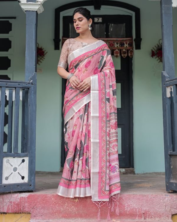 Pink Floral Linen Cotton Saree with Printed Pallu Varnavi