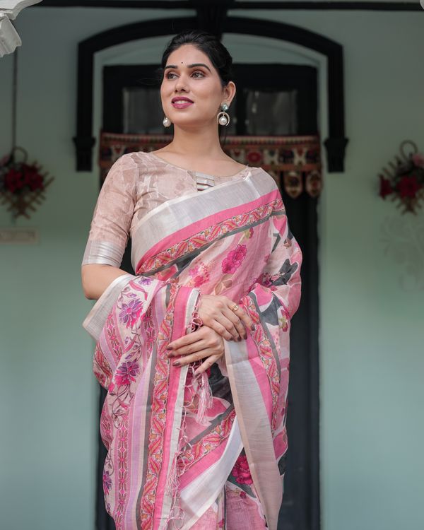 Pink Floral Linen Cotton Saree with Printed Pallu Varnavi