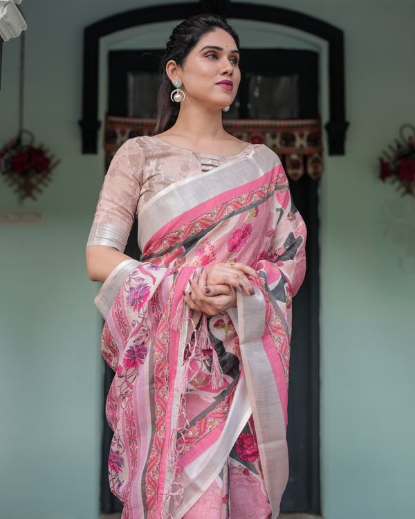 Pink Floral Linen Cotton Saree with Printed Pallu Varnavi
