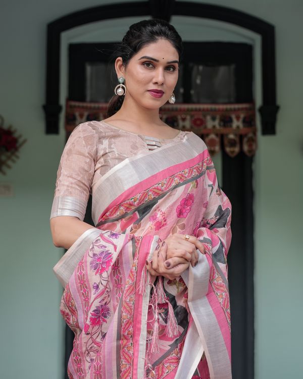 Pink Floral Linen Cotton Saree with Printed Pallu Varnavi
