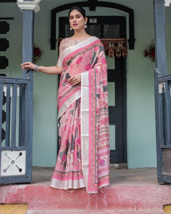 Pink Floral Linen Cotton Saree with Printed Pallu Varnavi