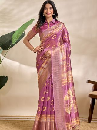 Mauve Purple Soft Silk Saree with Golden Abstract Motifs