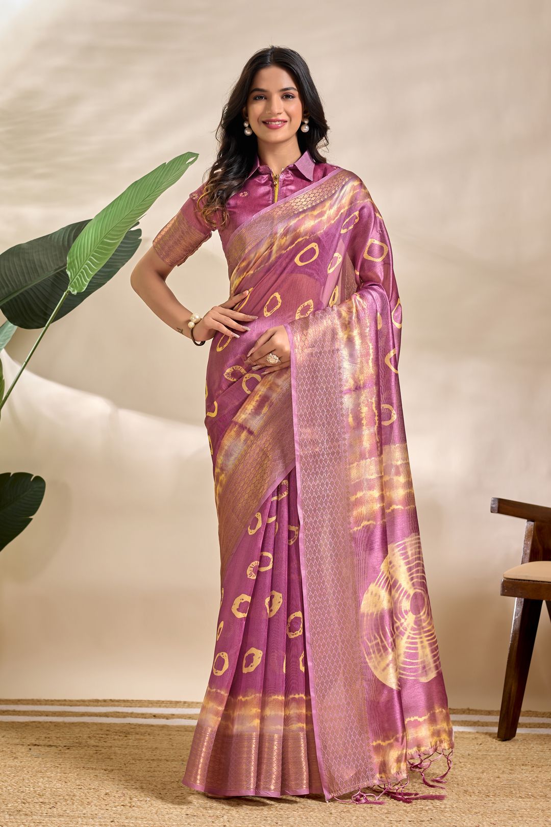 Mauve Purple Soft Silk Saree with Golden Abstract Motifs