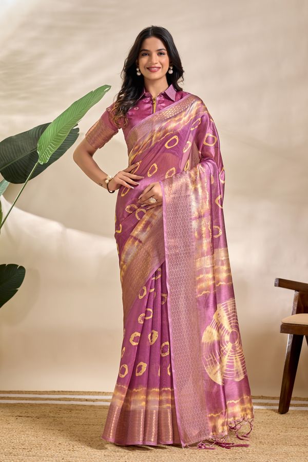 Mauve Purple Soft Silk Saree with Golden Abstract Motifs