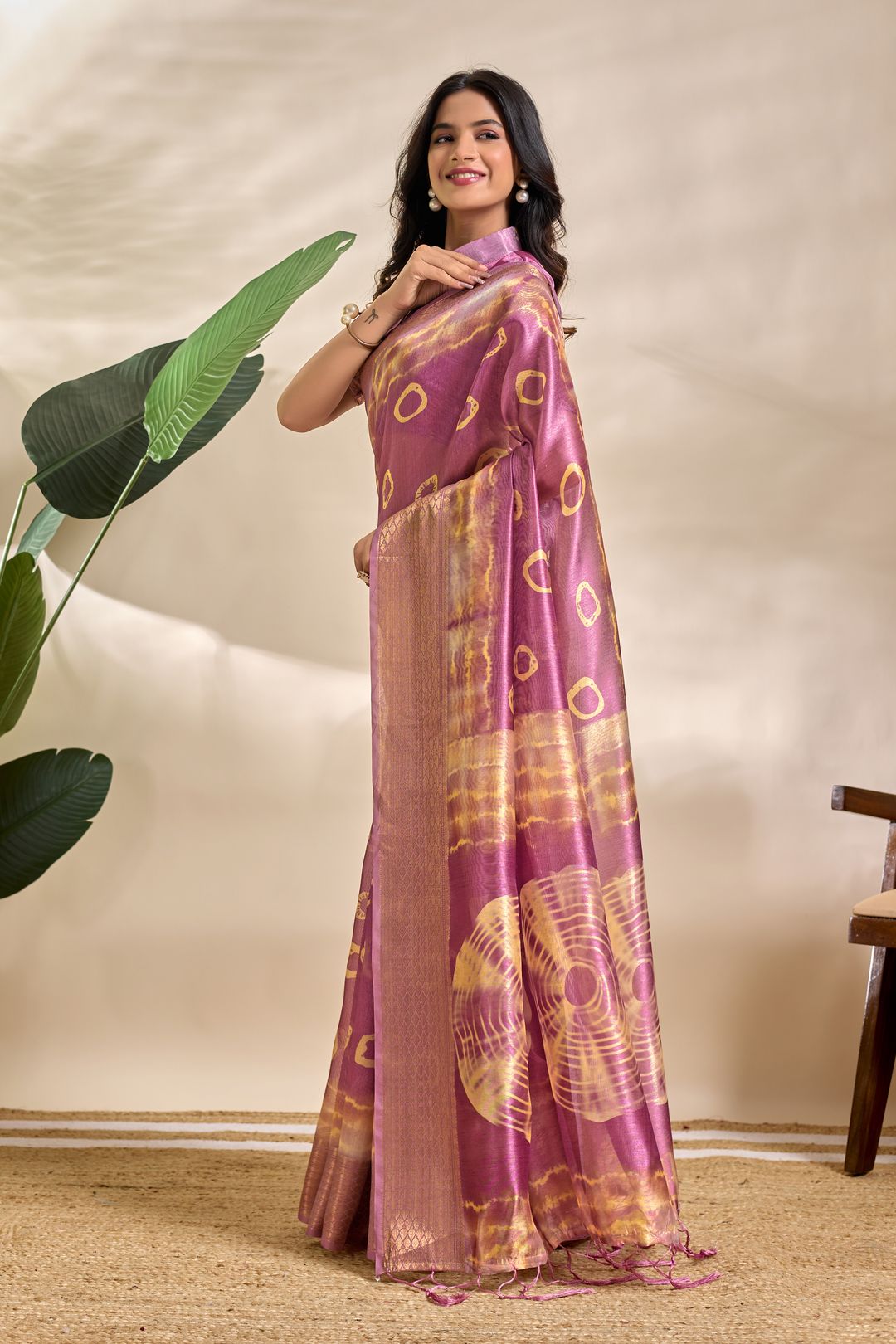 Mauve Purple Soft Silk Saree with Golden Abstract Motifs