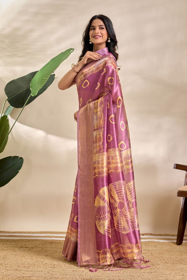 Mauve Purple Soft Silk Saree with Golden Abstract Motifs