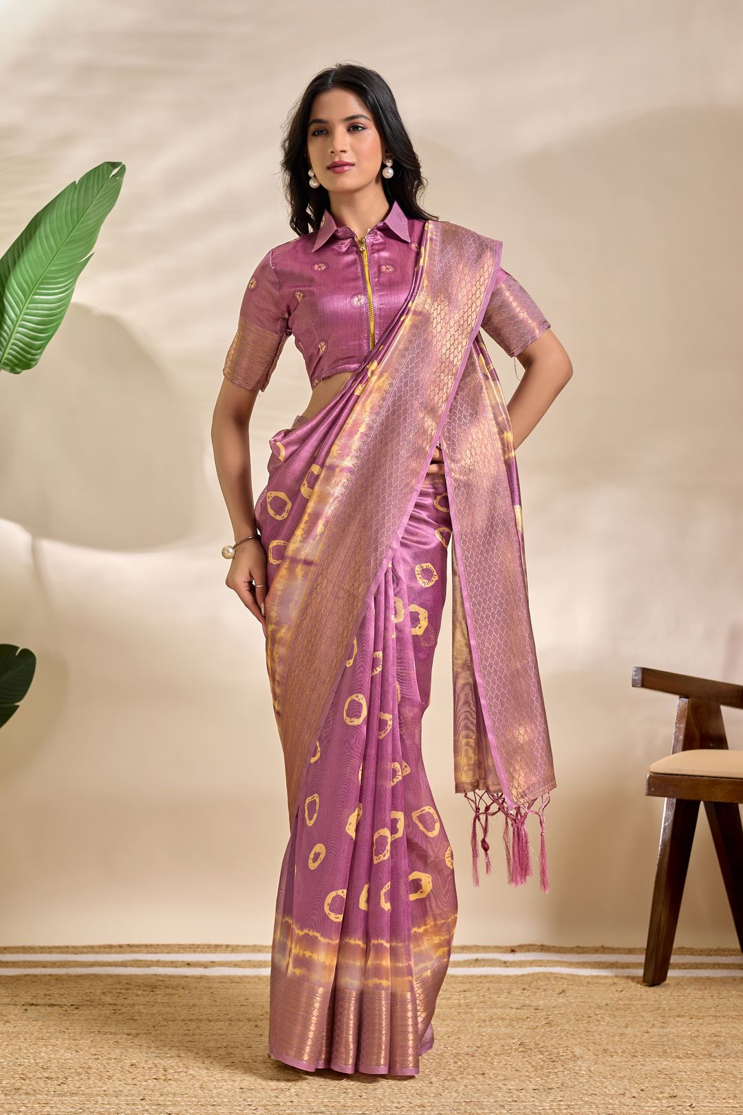 Mauve Purple Soft Silk Saree with Golden Abstract Motifs