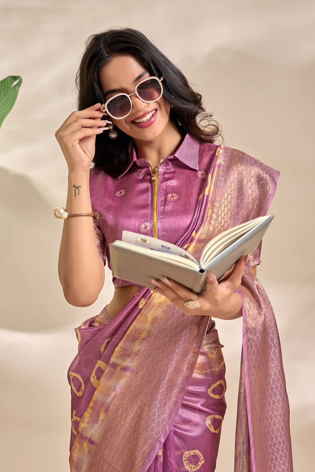 Mauve Purple Soft Silk Saree with Golden Abstract Motifs