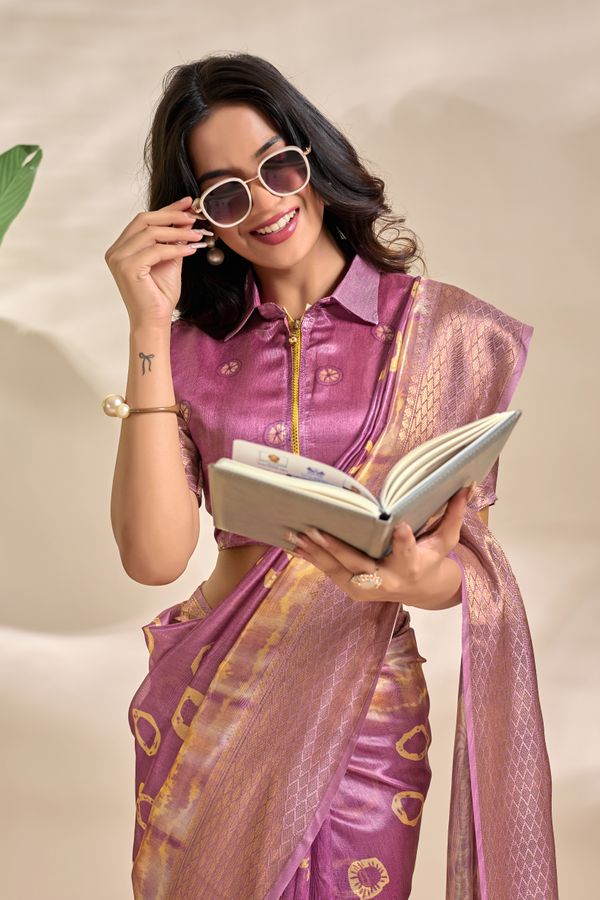 Mauve Purple Soft Silk Saree with Golden Abstract Motifs