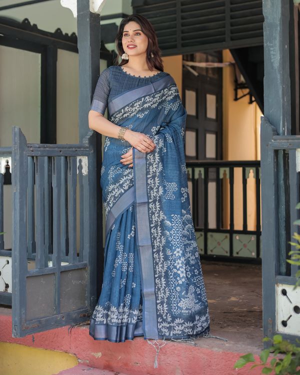 Indigo Blue Floral Linen Cotton Saree with Printed Pallu