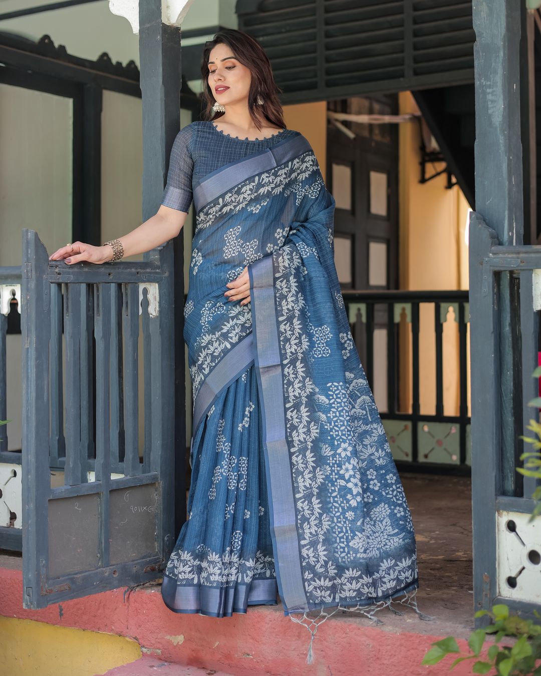 Indigo Blue Floral Linen Cotton Saree with Printed Pallu
