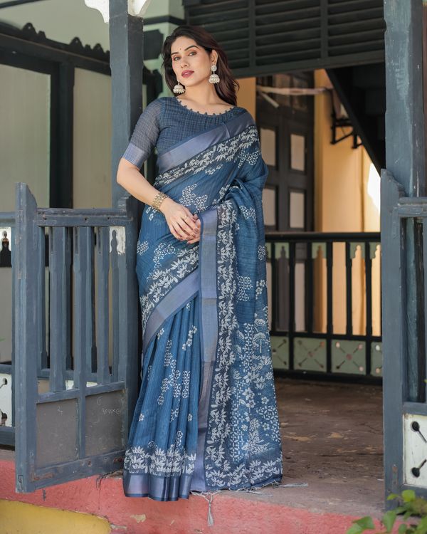 Indigo Blue Floral Linen Cotton Saree with Printed Pallu