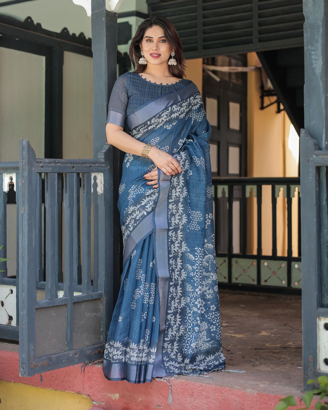 Indigo Blue Floral Linen Cotton Saree with Printed Pallu