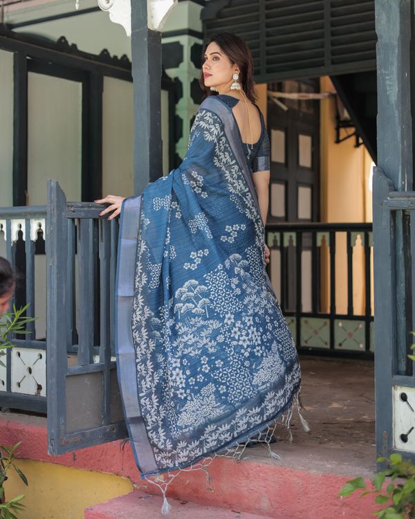 Indigo Blue Floral Linen Cotton Saree with Printed Pallu