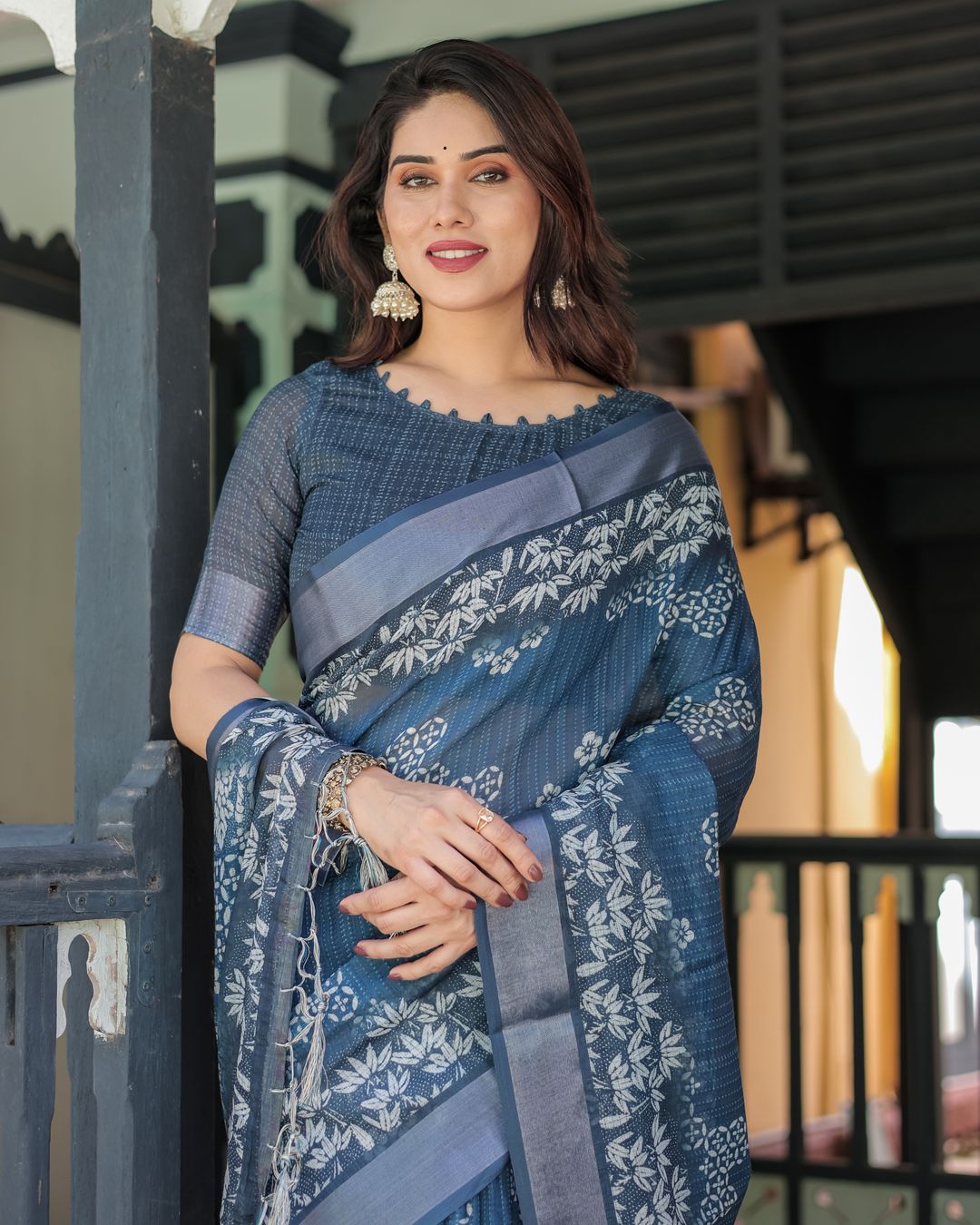 Indigo Blue Floral Linen Cotton Saree with Printed Pallu