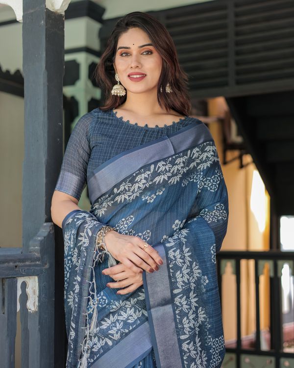 Indigo Blue Floral Linen Cotton Saree with Printed Pallu