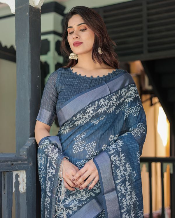 Indigo Blue Floral Linen Cotton Saree with Printed Pallu
