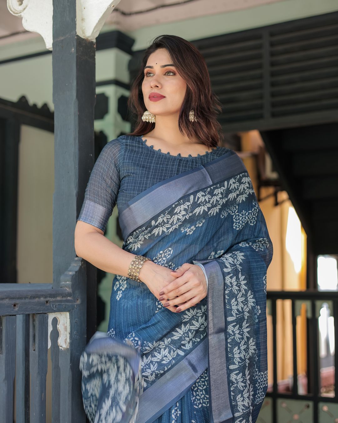 Indigo Blue Floral Linen Cotton Saree with Printed Pallu
