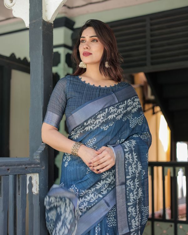 Indigo Blue Floral Linen Cotton Saree with Printed Pallu