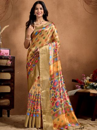 Golden Beige Floral Motif Soft Silk Saree with Zari Border