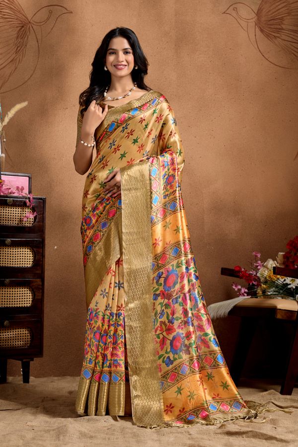 Golden Beige Floral Motif Soft Silk Saree with Zari Border