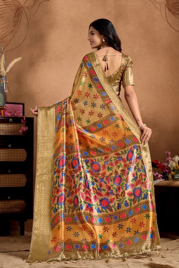 Golden Beige Floral Motif Soft Silk Saree with Zari Border